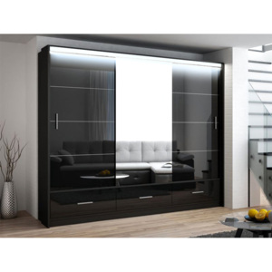 Šatní skříň 250 cm v elegantní černé barvě s osvětlením KN510