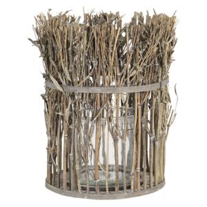 Lucerna se skleněným válcem z bambusových stonků s listy – Ø 21*28 cm