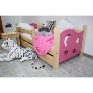Dětská postel STAR + rošt ZDARMA, s úložným prostorem, borovice/růžová, 70x160cm