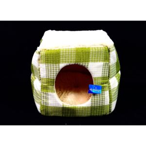 Zelenobéžový pelíšek / kukaň pro psy - 35x35 cm (Tato netradiční kukaň poskytne vašemu čtyřnohému příteli bezpečný úkryt, pohodlí a pocit bezpečí. Bude se do něj rád vracet a vaše postel či pohovka zůstane už zase jenom vaše.)