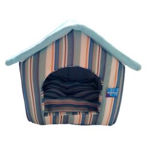 Pruhovaný domek pro psy modrý - 52x46 cm (Modrý pruhovaný domek pro psy vyrobený ze síťoviny a mikroplyše)
