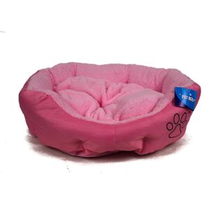 Růžový pelíšek pro psa - 45x40 cm (Oválný psí pelíšek v zajímavé barevné kombinace pro menší plemena. Je vyroben ze šusťákoviny a umělé kožešiny.)