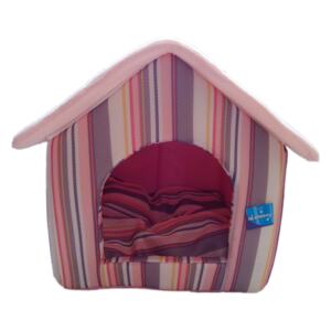 Pruhovaný domek pro psy růžový - 52x46 cm (Růžový pruhovaný domek pro psy vyrobený ze síťoviny a mikroplyše)