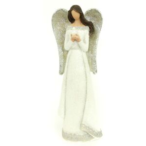 Anděl, polyresinová dekorace, barva bílo-stříbná s glitry AND152