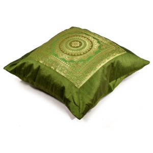 Zelený saténový povlak na polštář s výšivkou mandala, zip, 40x40cm