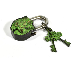 Visací zámek, Šiva, zelená patina mosaz, dva klíče ve tvaru dorje, 9cm