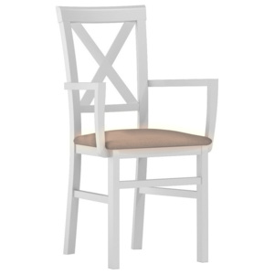 Jídelní dřevěná židle v bílé barvě s čalouněným sedákem v béžové látce typ 102 KN1181