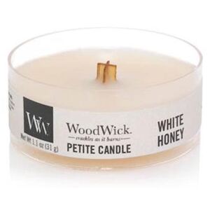 WoodWick - vonná svíčka Petite, White Honey (Bílý med) 31g (Sladký kandovaný pomerančový květ s vanilkovou orchidejí a pečenou karamelovou tyčinkou.)