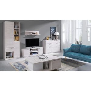 Obývací stěna DENVER 1 - regál + TV stolek RTV2D + komb. komoda + konf. stolek + polička, dub bílý/bílá lesk