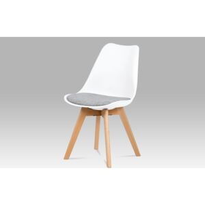 Jídelní židle, bílý plast, šedá tkanina, masiv natural CT-722 WT2
