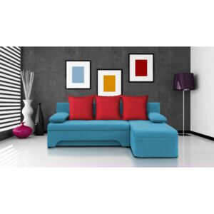 Rohová sedačka Saline modrá + červené polštáře (2 úložné prostory, pěna)