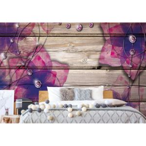 Fototapeta - Purple Flowers Wood Plank Texture Diamonds Vliesová tapeta - 250x104 cm