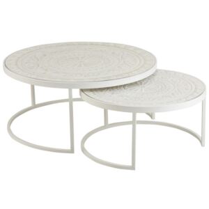 Set 2 bílých kovových stolků s dřevěnou deskou - Ø79*36 cm