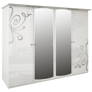 Čtyřdveřová šatní skříň GLOE se zrcadlem, 184x212,5x63, bílá lesk