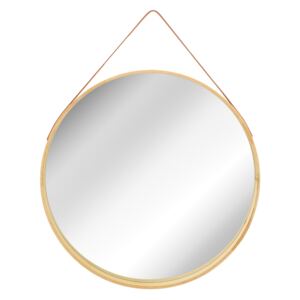 Kulaté zrcadlo na pásku LOFT 50 cm s dřevěným rámem - světle hnědé