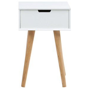 Noční stolek v bílé barvě se zásuvkou na dřevěné konstrukci DO097