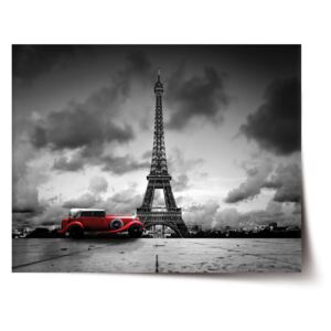 Plakát SABLO - Eiffelova věž a červené auto 60x40 cm