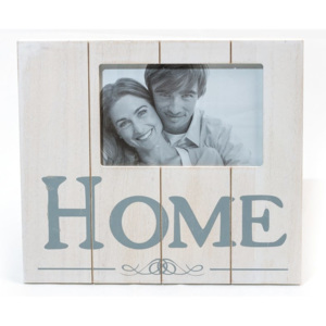 Bílý dřevěný fotorámeček s nápisem HOME