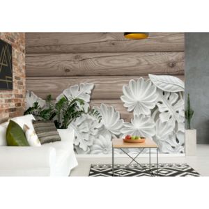 Fototapeta - Vintage Chic 3D Carved White Flowers Wood Plank Texture Vliesová tapeta - 206x275 cm