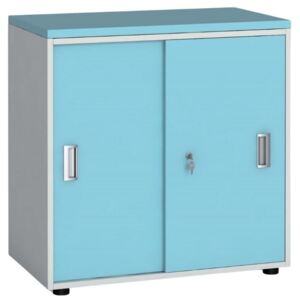 Kancelářská skříň se zasouvacími dveřmi PRIMO, 740 x 800 x 420 mm, bílá/azurová