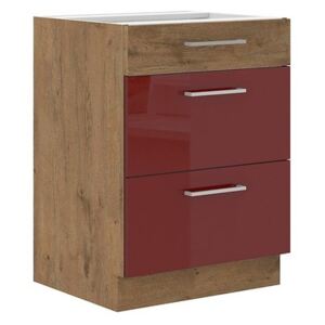 Spodní kuchyňská skříňka se zásuvkami Woodline 60 D 3S BB, Barva: Dub lancelot / bordo lesk