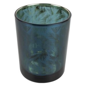 Skleněný svícen v petrolejové barvě s dekorací palmových listů - Ø 10*12cm