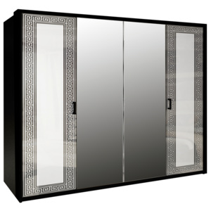 Čtyřdveřová šatní skříň NICOLA se zrcadlem, 183x212,5x55, bílá lesk/černá