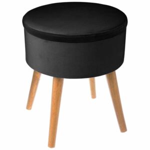 Čalouněný pouf otvor v černé barvě, dřevěná stolička s velurovou sedákem a úložným prostorem