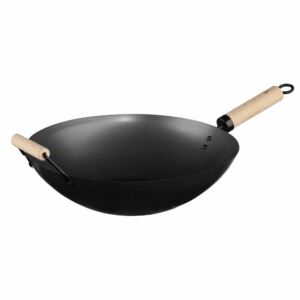 Ocelová wok s dřevěnou rukojetí, pevná a praktická hluboká pánev pro orientální pokrmy