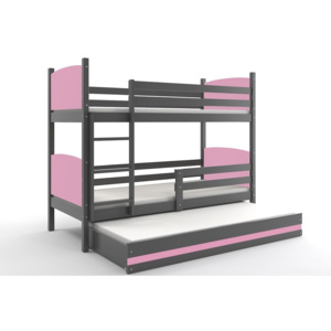 Patrová postel BRENEN 3 + matrace + rošt ZDARMA, 80x190, grafit, růžová