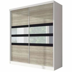 Dvoudveřová skříň, 183x218, s posuvnými dveřmi, bílá/černé sklo/dub sonoma, MULTI 10