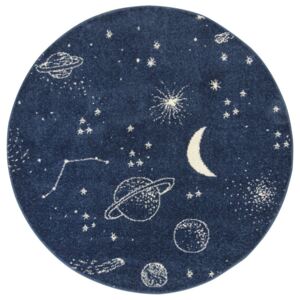 Kulatý dětský koberec EMILY KIDS 5865A Vesmír Měsíc Planety Modrý Rozměr: průměr 100 cm