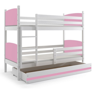 Patrová postel BRENEN + matrace + rošt ZDARMA, 90x200, bílý, růžová