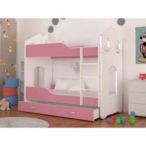 Dětská patrová postel DOMINIK 180x80 Domek, bílá/růžová