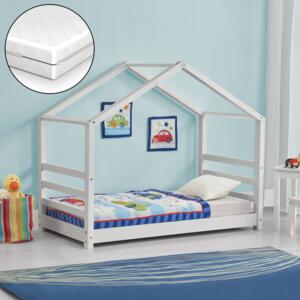 [en.casa] Dětská postel domeček AAKB-8696 bílá 70x140 cm s matrací a roštem