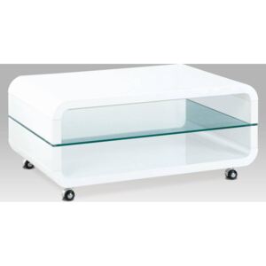 Konferenční stolek 90x60x40, MDF bílý vysoký lesk, čiré sklo, 4 kolečka AHG-611 WT Art