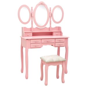 Toaletní stolek se stoličkou a 3dílné skládací zrcadlo růžový