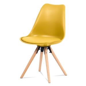 Jídelní židle, žlutý plast+ekokůže, nohy masiv buk + rám černý kov