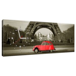 Obraz s hodinami Červené auto před Eiffelovou věží v Paříži 100x40cm ZP3533A_1I
