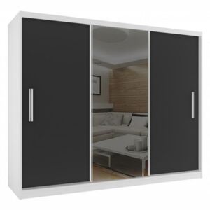 Šatní skříň s posuvnými dveřmi zrcadlem šířka 235 cm bílý korpus 14 Bílá - Černá