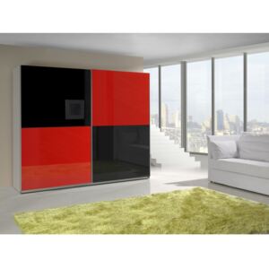 Šatní skříň s posuvnými dveřmi Toni 16, Barva: bílá / červený lesk + černý lesk