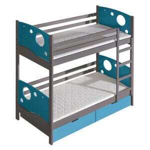 Patrová postel Mewil, Barva: antracit + modrý, Horni matrac:: 190x80x8 pěna + latex, Spodni matrac:: bez matrace