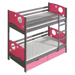 Patrová postel Mewil, Barva: antracit + růžový, Horni matrac:: 190x80x8 pěna + kokos, Spodni matrac:: bez matrace