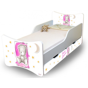 Dětská postel Sweet Teddy se zábranou a s šuplíky- růžový, 180x90 cm
