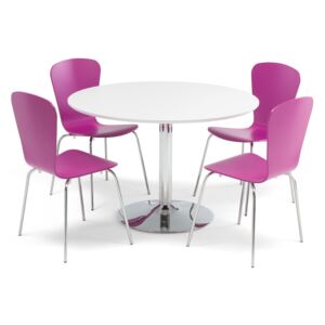 AJ Produkty Jídelní set Lily + Milla: stůl Ø 1100 mm, bílá/chrom + 4 židle, fialové