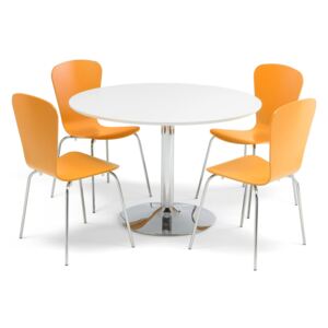 AJ Produkty Jídelní set Lily + Milla: stůl Ø 1100 mm, bílá/chrom + 4 židle, oranžové