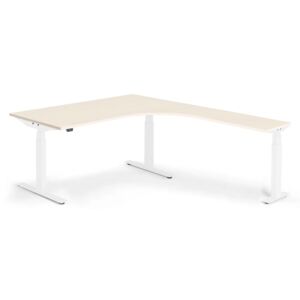 AJ Produkty Výškově stavitelný stůl Modulus, rohový, 1600x2000 mm, bílý rám, bříza