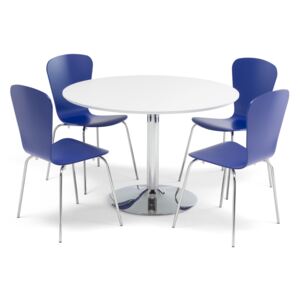 AJ Produkty Jídelní set Lily + Milla: stůl Ø 1100 mm, bílá/chrom + 4 židle, modré