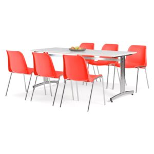 AJ Produkty Jídelní sestava: stůl 1800x700 mm, bílá + 6 židlí, červená/chrom