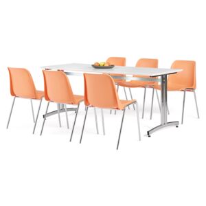 AJ Produkty Jídelní sestava: stůl 1800x700 mm, bílá + 6 židlí, oranžová/chrom